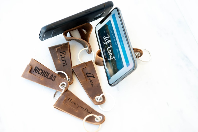 Personalized Leather Key Chain Cell Phone Stand Key Fob Ring Etsy