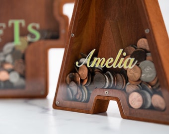 Personalized Initial Letter Shaped Wood Coin Bank - 10 Font and 5 Colors Available