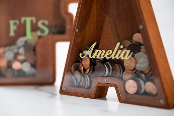 Personalized Initial Letter Shaped Wood Coin Bank - 10 Font and 5 Colors Available