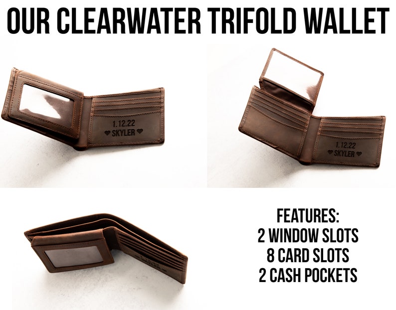 Personalized Leather Trifold Wallet RFID Blocking The Clearwater image 5