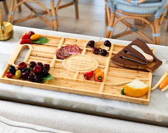May include: A bamboo serving board with multiple compartments for cheese, crackers, fruit, and other snacks. The board has a handle and a small round plaque with the engraved text "Because you're the diamond in a rough world, you've never heard of "I'm fine"."