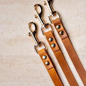 May include: Three brown leather dog leashes with gold clasps and silver studs. The leashes are arranged in a row, with the shortest leash at the top and the longest leash at the bottom.