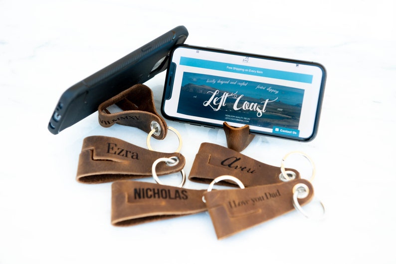 Personalized Leather Key Chain Cell Phone Stand Key Fob Ring Etsy