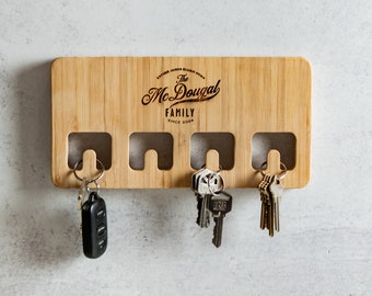 Wood Wall Mount For Keychains - Personalized Engraved Family Names