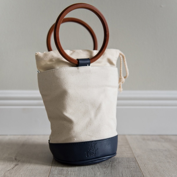 Blowout Sale! Bucket Bag - Canvas Shoulder Tote with Wooden Handles by Left Coast Original