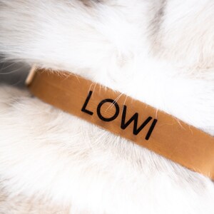 Puede incluir: Primer plano de un collar de perro de cuero marr&oacute;n con el nombre "LOWI" grabado en letras negras.