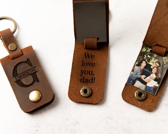 Personalized Photo Metal Tag Leather Keychain - Engraved Leather Cover with Photo Printed to Tag Inside