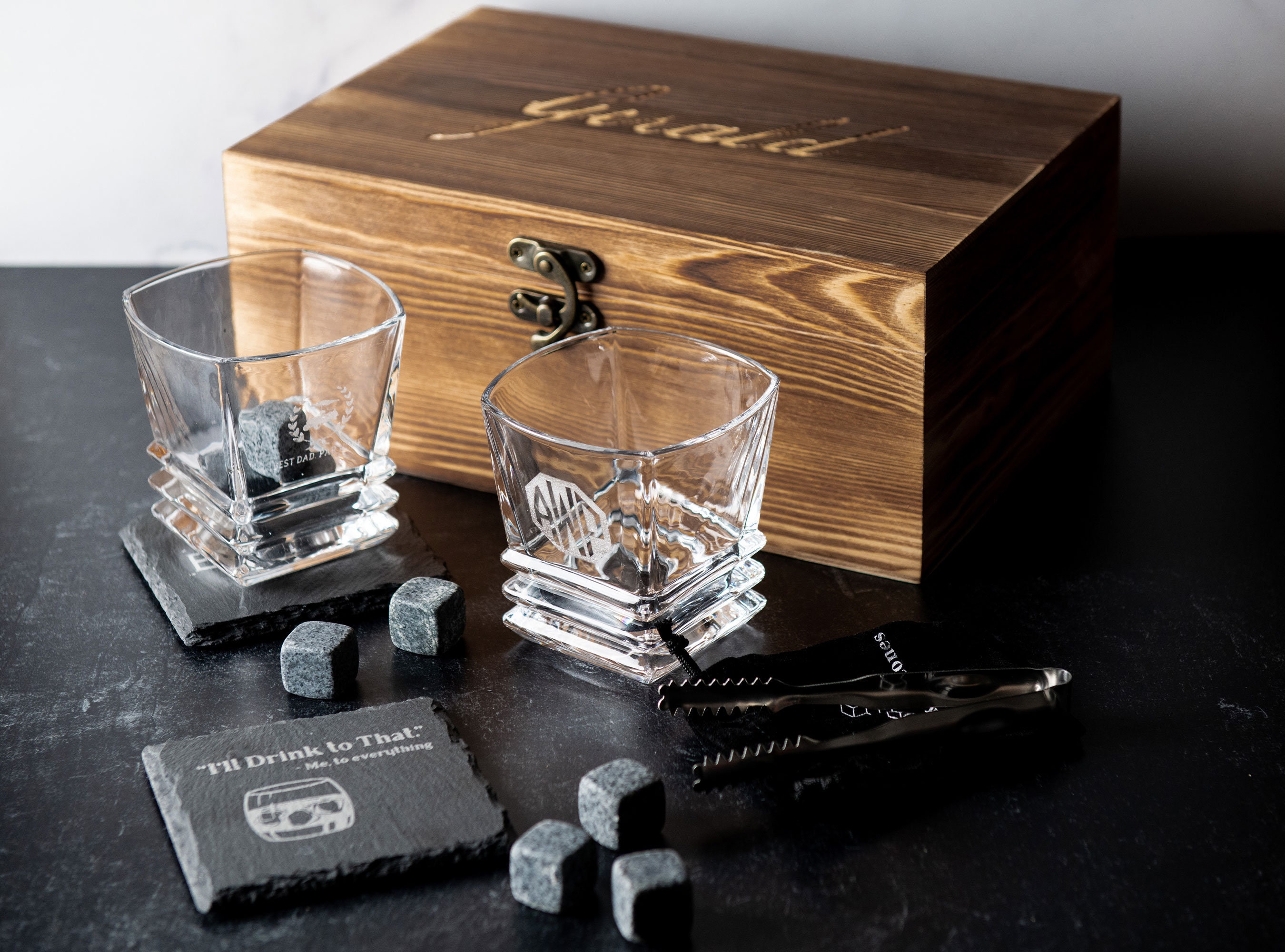 Whisky Stone Gift Set-Coffret Cadeau Bois Exquise, 4 Or Pierres à