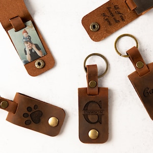 Personalized Photo Metal Tag Leather Keychain Engraved Leather Cover with Photo Printed to Tag Inside image 3