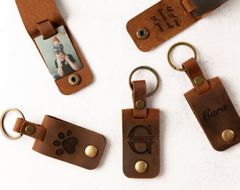 Personalized Photo Metal Tag Leather Keychain - Engraved Leather Cover with Photo Printed to Tag Inside