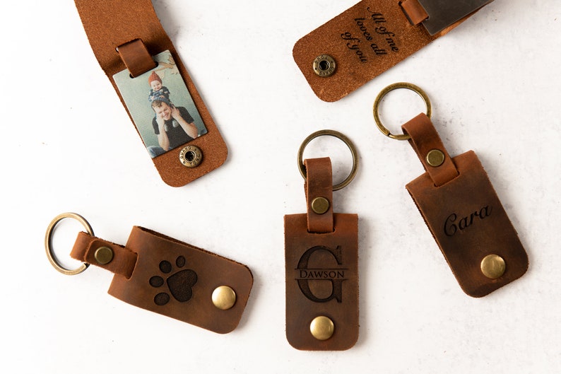 Personalized Photo Metal Tag Leather Keychain Engraved Leather Cover with Photo Printed to Tag Inside image 3