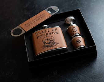 Personalized Flask Set With Shot Glasses, Bottle Opener, and Funnel - Vegan Leather