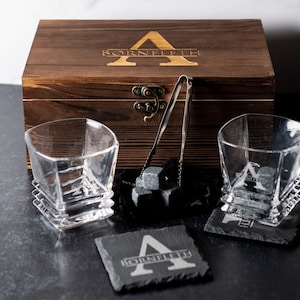 Custom Engraved Whiskey Box Gift Set, Engraved Scotch Glasses, Personalized Whiskey Set, Whiskey ...
