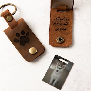 Personalized Photo Metal Tag Leather Keychain Engraved Leather Cover with Photo Printed to Tag Inside image 6