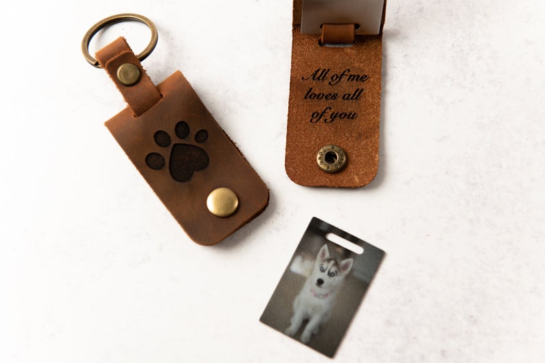 Personalized Photo Metal Tag Leather Keychain Engraved Leather Cover with Photo Printed to Tag Inside image 6