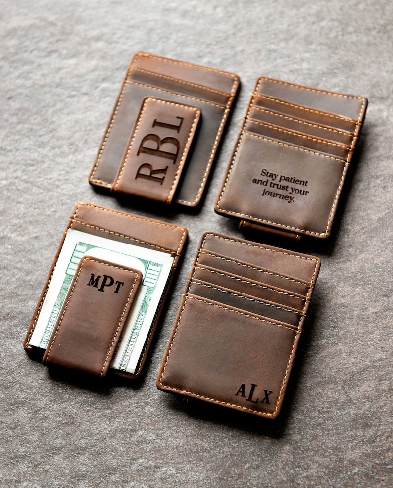 Personalized Leather Magnetic Money Clip With 6 Pockets For Cards and A Magnetic Clasp For Cash Personalized With Initials or Text  