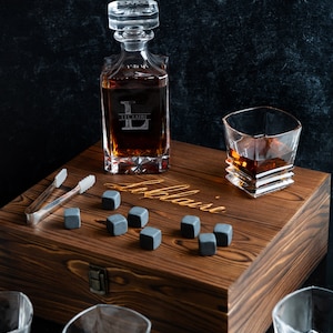 Personalized Engraved Decanter Full Set with Wood Box, Glasses, and Whiskey Stones