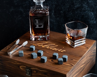 Personalized Engraved Decanter Full Set with Wood Box, Glasses, and Whiskey Stones