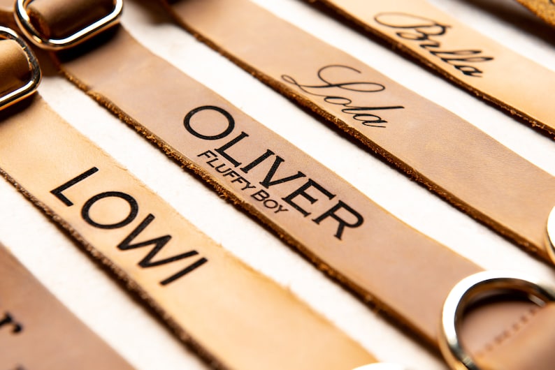 Puede incluir: Cinco collares de perro de cuero con anillos de metal dorado y nombres personalizados: "Lowi", "Oliver Fluffy Boy", "Lola", "Bella" y un quinto collar con un nombre ilegible.
