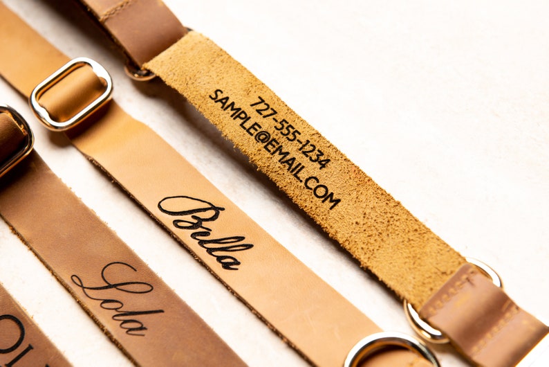 Puede incluir: Tres correas de cuero marr&oacute;n con anillos de metal dorado. Las correas est&aacute;n personalizadas con los nombres "Lola", "Bella" y un n&uacute;mero de tel&eacute;fono y una direcci&oacute;n de correo electr&oacute;nico: "727-555-1234 SAMPLE@EMAIL.COM".