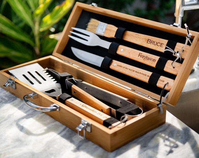 Personalized Complete BBQ Grill Tool Kit Set With Wood Case - Custom Engraving
