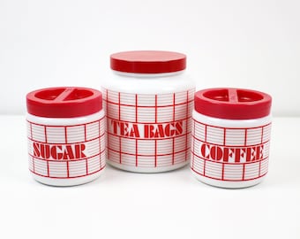 Individual 1980s red and white grid glass canister with screw lid CLP by Biltons - read note on lids