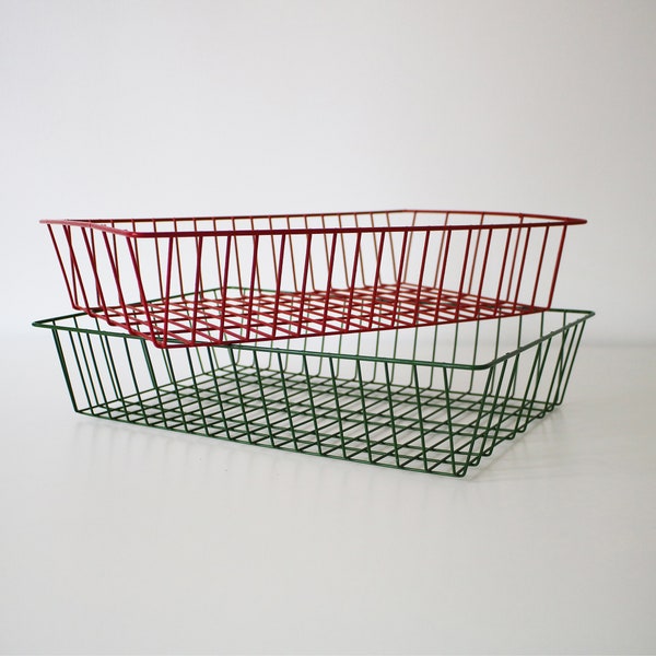 Vintage red and green wire grid metal filing trays - hi-tech industrial A4 paper tray / desk / office - 2 available