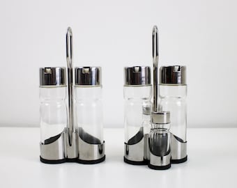Space age modernist condiment / cruet sets in glass and metal by Valira