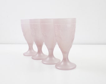 Set of 4 pink embossed glass sundae dishes by Luminarc France - frosted / fruit design - 2 sets available