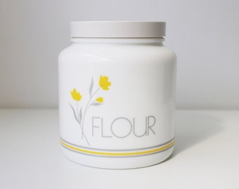 1980s milk glass flour canister / jar with screw top lid - grey and yellow design - made by Candlelight Glass England