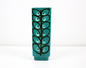 Mid century West German fat lava vase by Strehla with glossy turquoise and brown tube line floral stem design