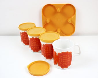 Tray with with 4 flower power mugs plus lids by Staffordshire Potteries 1970s