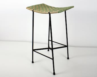 Mid century woven string and black metal tall stool /seat / plant stand - atomic 1950s