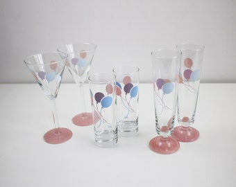 Pairs of 1980s pastel blue and pink balloon cocktail glasses 3 designs available
