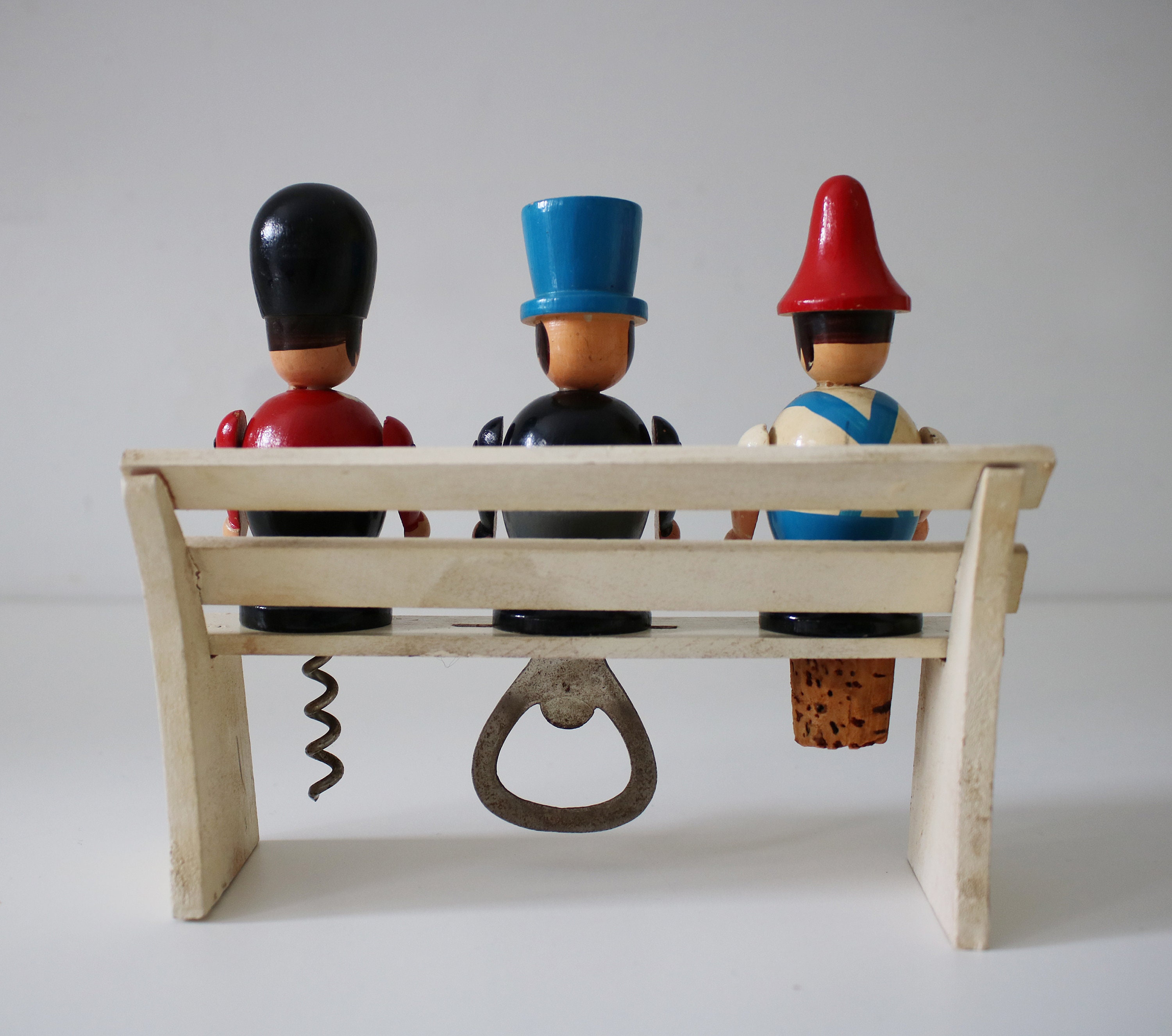 Novelty bar set people on a bench corkscrew bottle opener bottlestop