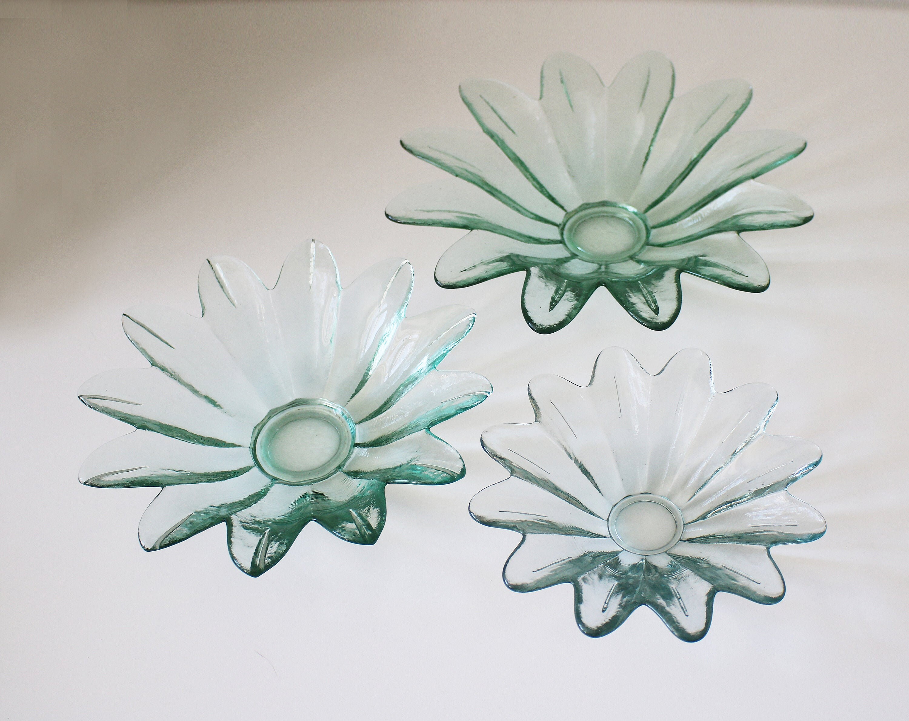 Pressed clear green glass flower shaped bowl in various sizes. Etsy