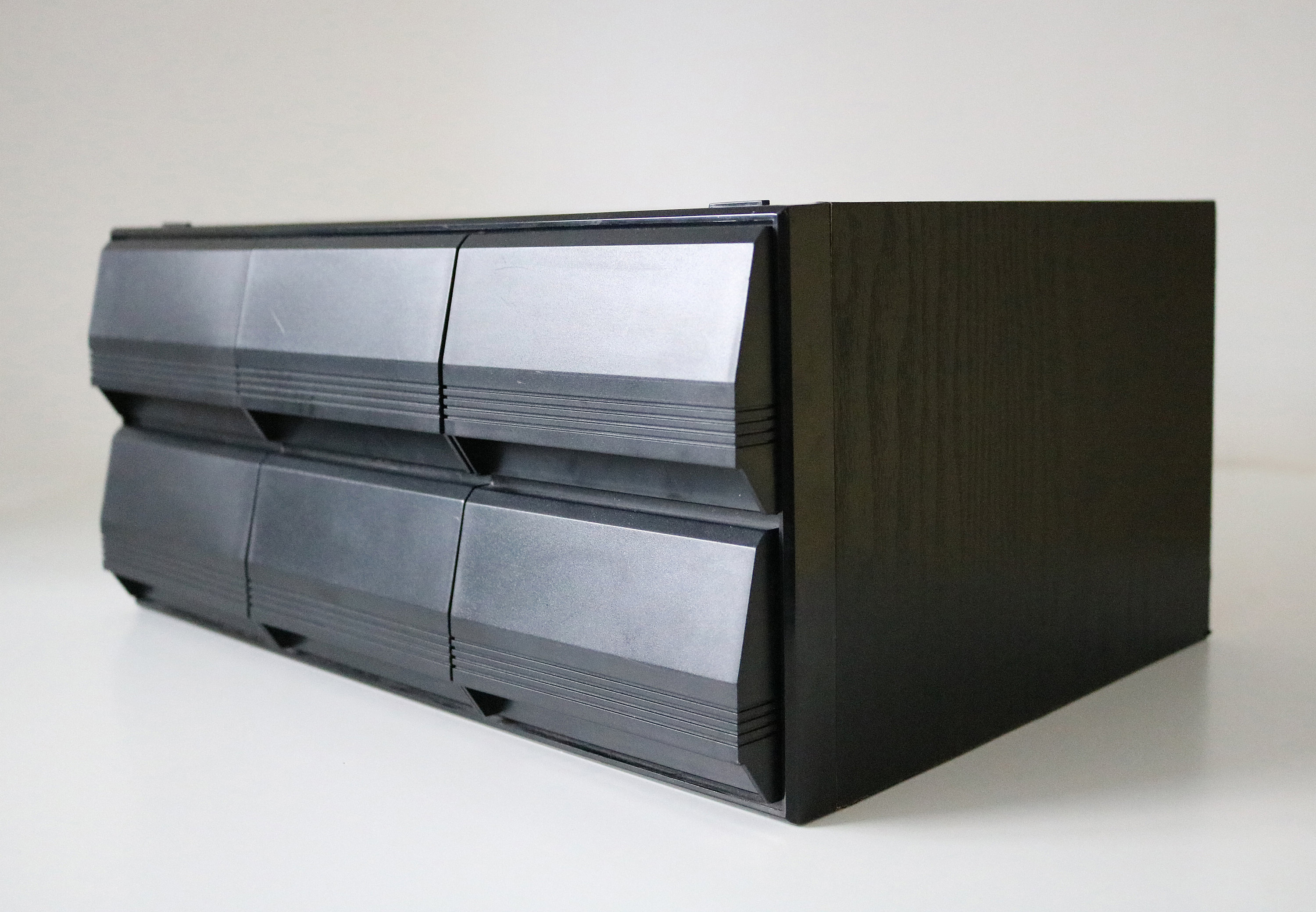 1980s black ash 6 drawer cassette tape storage unit