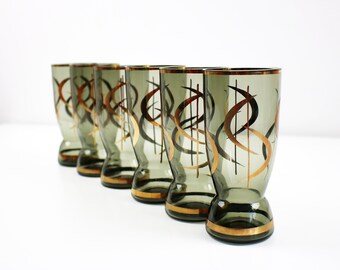 Mid century smoked glass and gold atomic boomerang highball tumbler glasses - set of 6