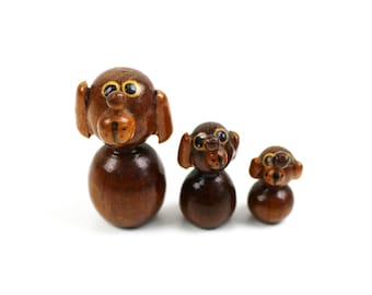 Set of 3 (Bojesen inspired) dog figurines in glossy wood with hand-painted features