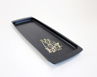 Mid century drinks tray in black (Accaware?) with gold glass and bottle graphic illustration