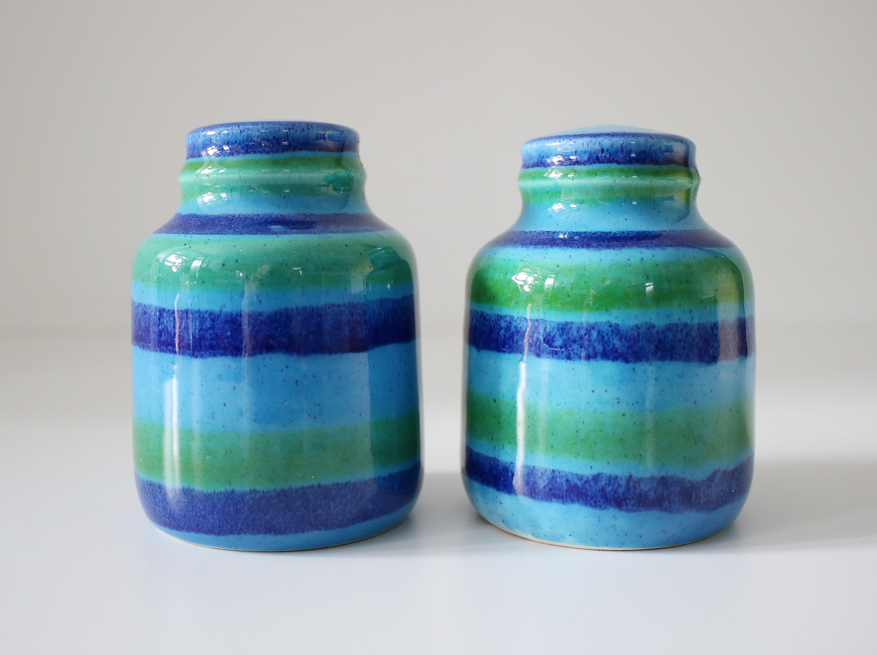 1960s Baldelli Italian ceramic cruet set salt and pepper blue green