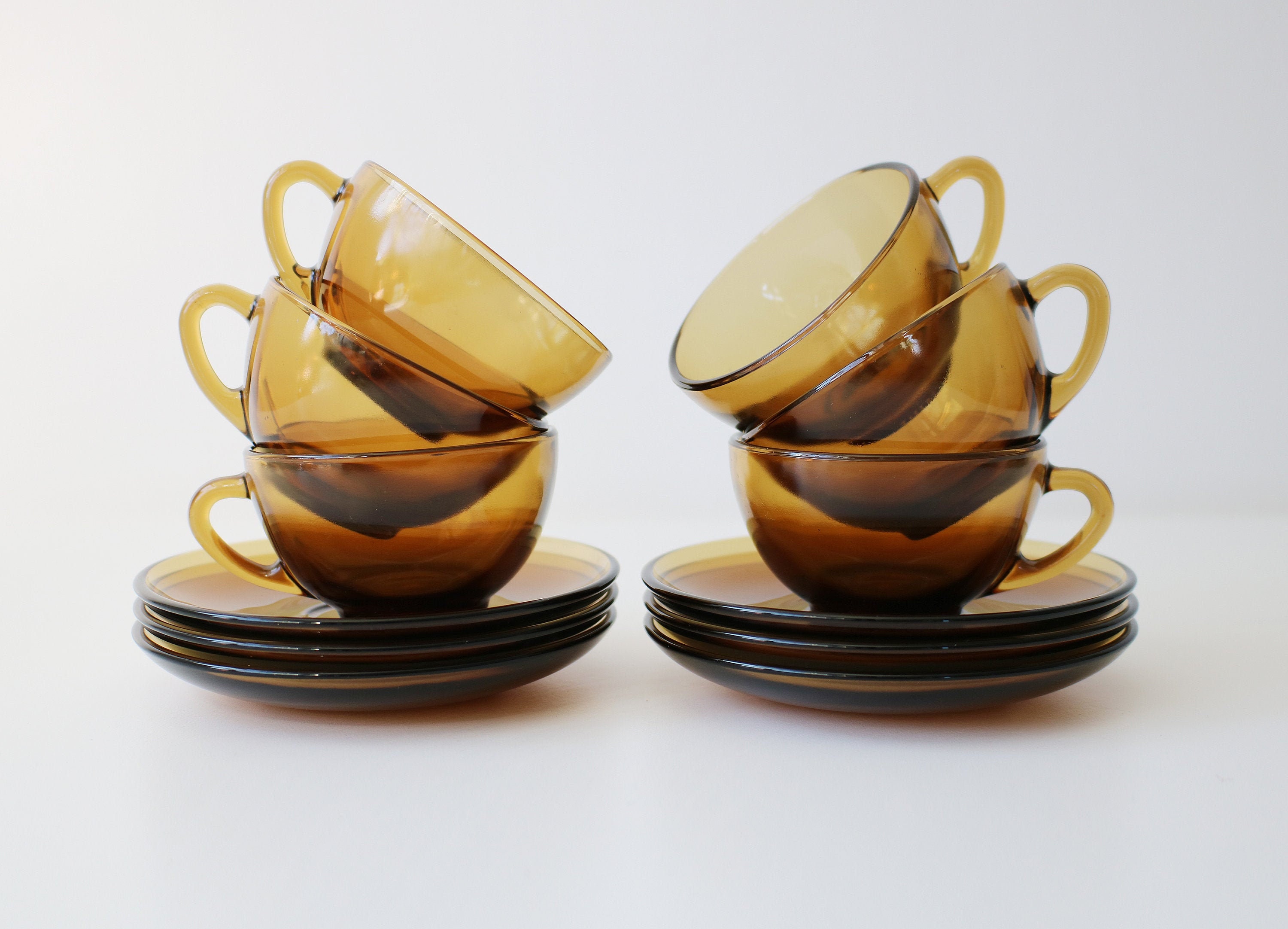 Set of 6 Arcopal coffee / demitasse espresso cups and saucers in smoked