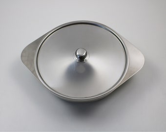 Modernist Swedish stainless steel serving dish with divider and lid by Germetco of Sweden / Arthur Salm