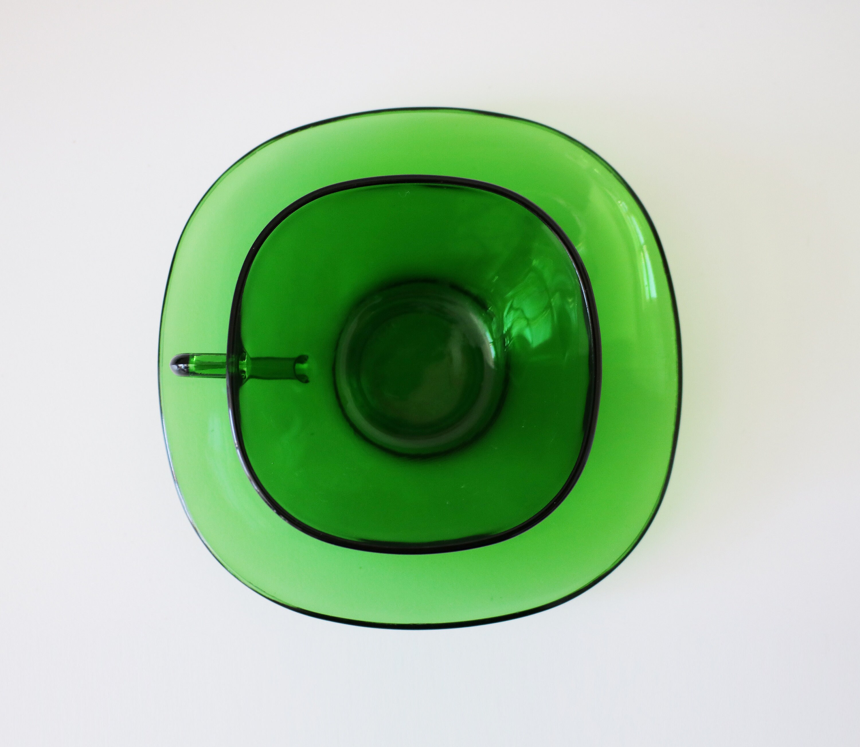 Set of 4 1970s green glass cups and saucers by Vereco of France small