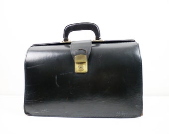 Vintage black leather briefcase / doctor's bag - NOTE some stitching undone