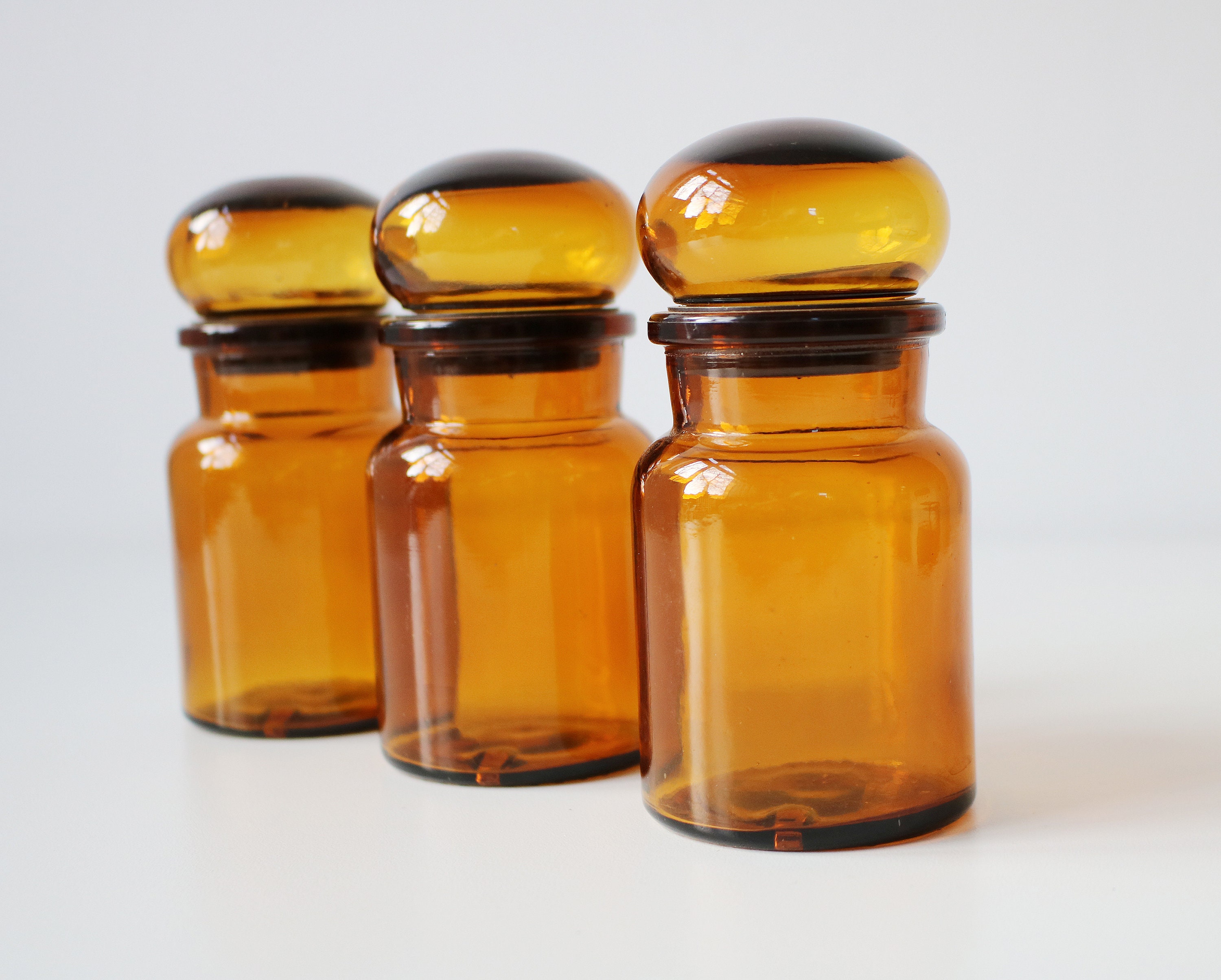 Set of 3 small apothecary jars amber glass 1970s Belgium