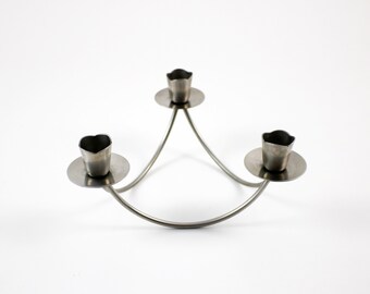 1970s modernist stainless steel candelabra candle holder for 3 candles - Scandinavian design