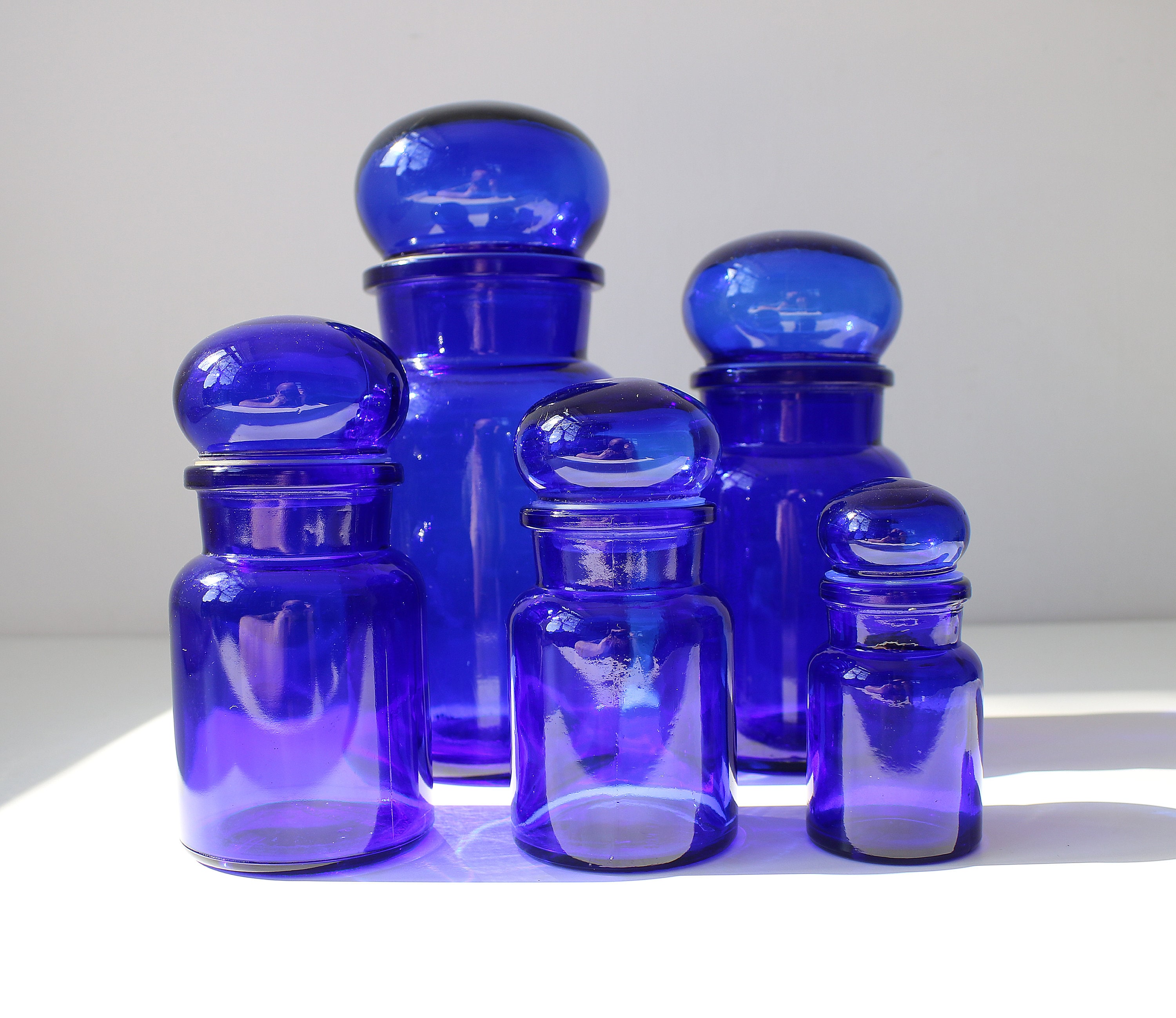 5 Apothecary Jars In Cobalt Blue Glass Made In Belgium Set Of
