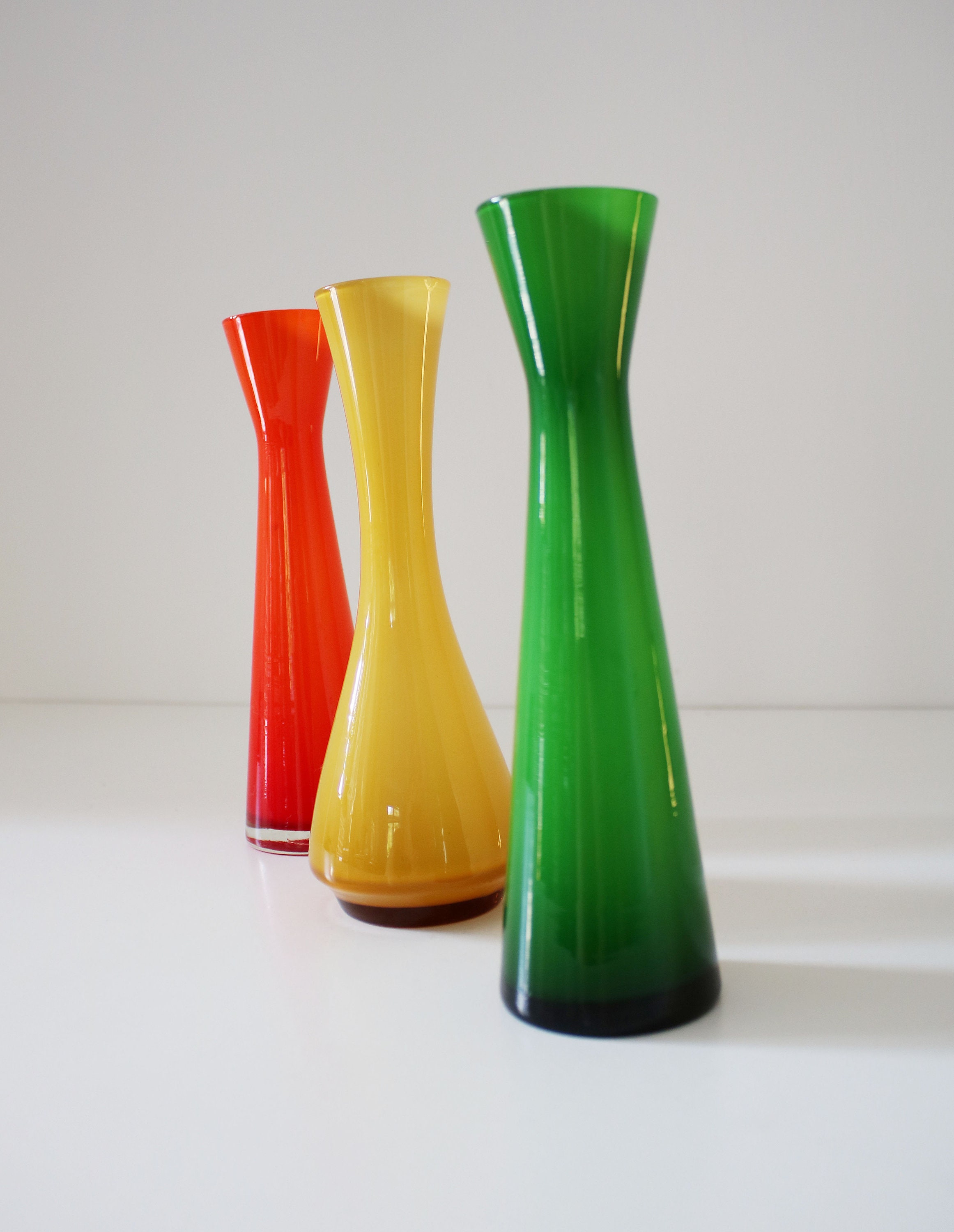 Mid century cased glass bud vases 2 available Empoli Italian