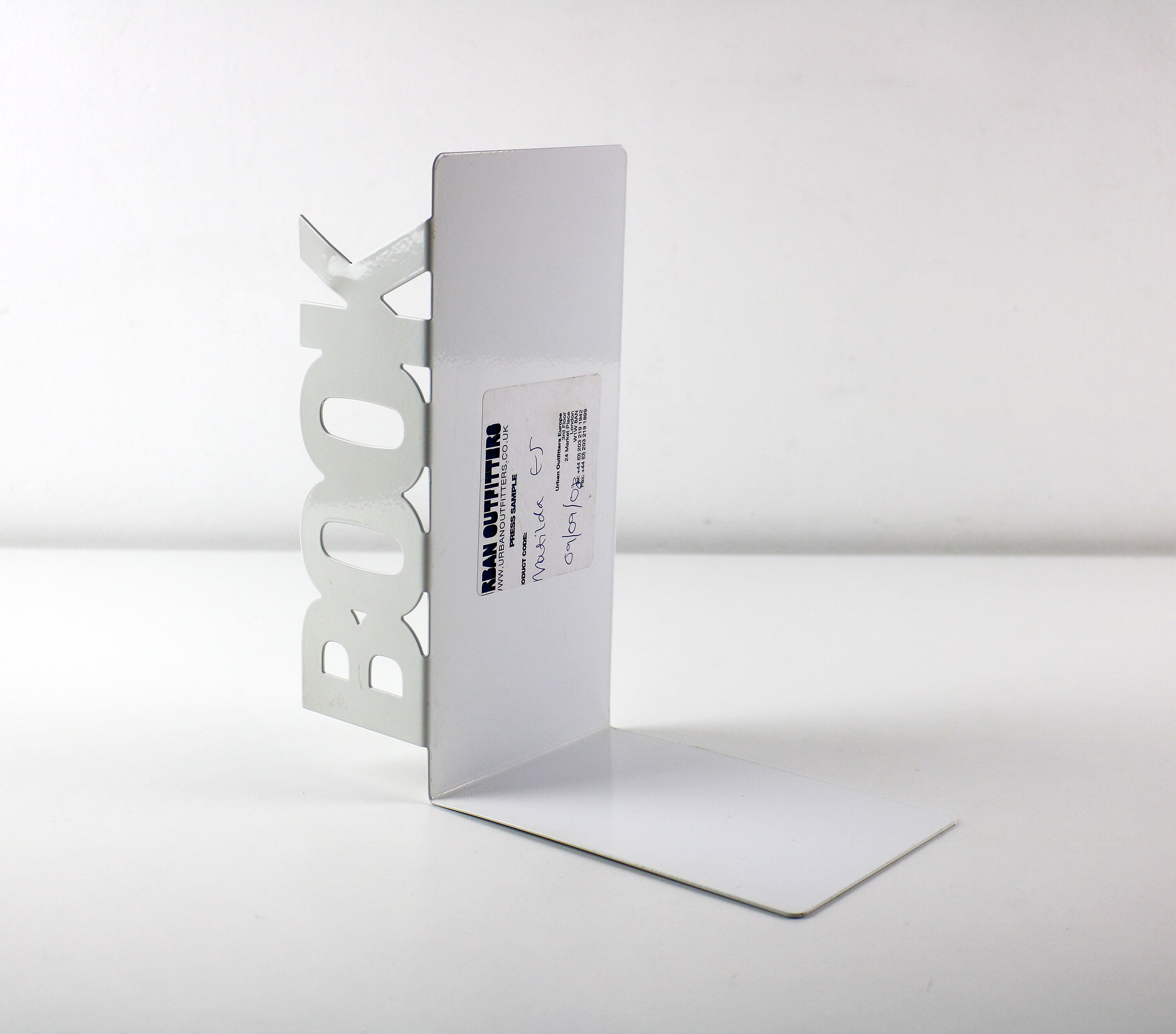 Rare 1980s metal bookends BOOK END cut out words in white enamel by